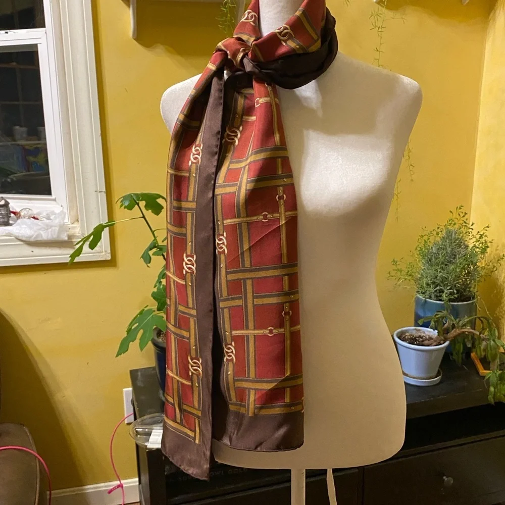 Equestrian Plaid Silk Scarf Brown and Red Hand-Rolled Edges